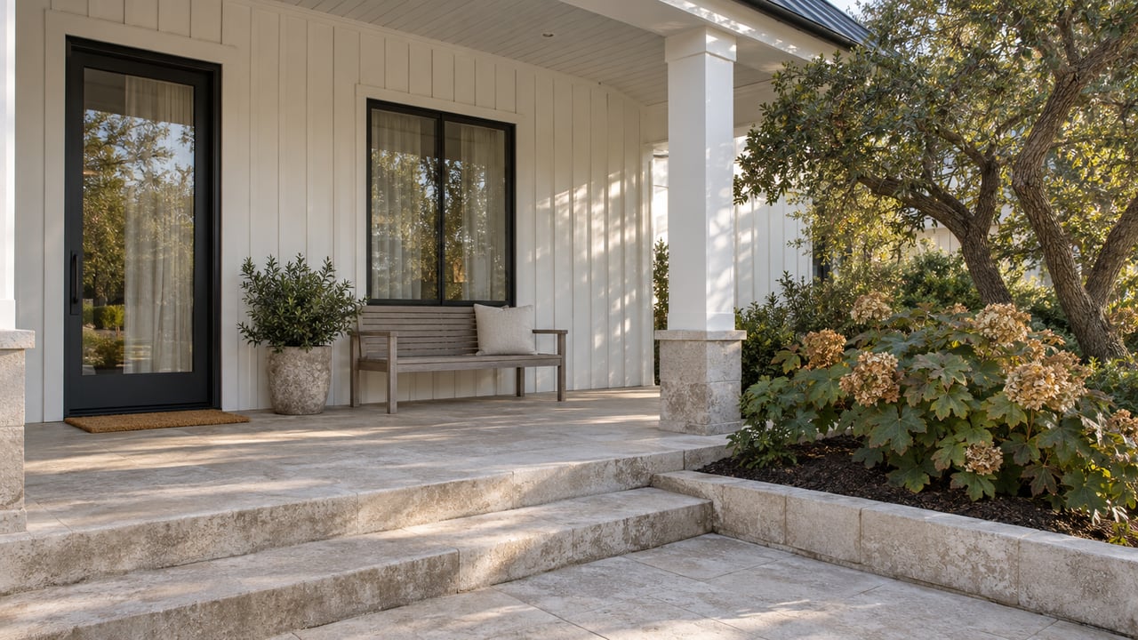 White board-and-batten home with a shaded porch, tall glazed entry, teak bench and pale stone steps beside an oak and hydrangea garden.