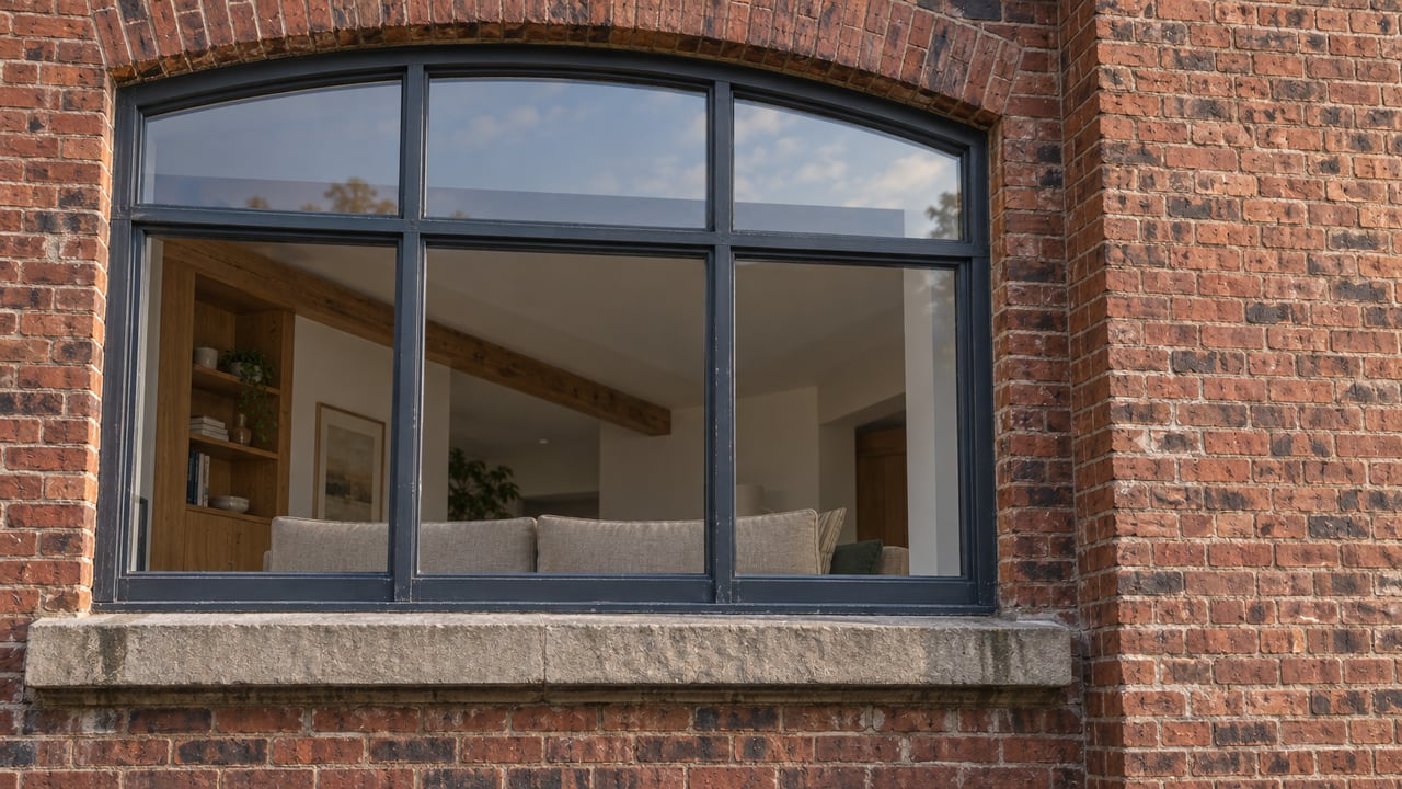 A deeply recessed steel-framed condominium window in weathered red brick, with a limestone sill and a softly visible furnished interior.