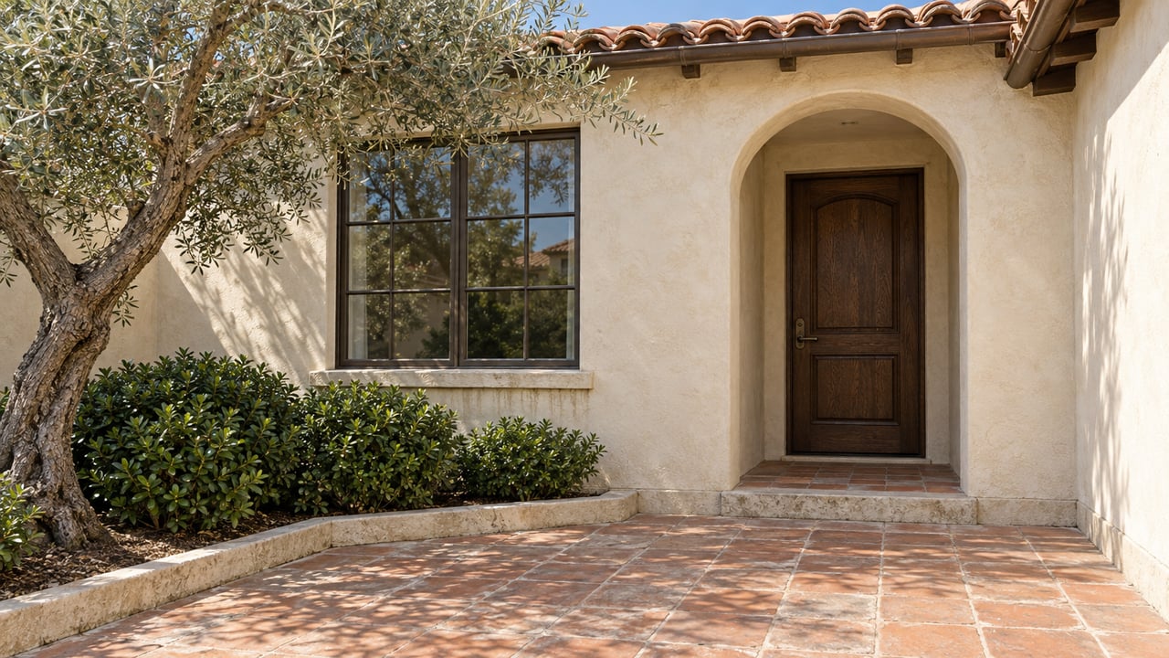 Sunlit ivory stucco home with a recessed arched oak door, red clay roof tiles and a terracotta courtyard bordered by an olive tree and clipped shrubs.