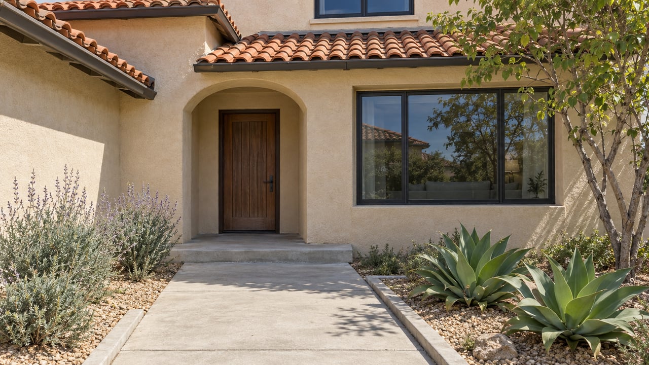 Sunlit buff stucco home with a red clay tile roof, recessed arched entry, concrete approach and individually spaced drought-tolerant plants.