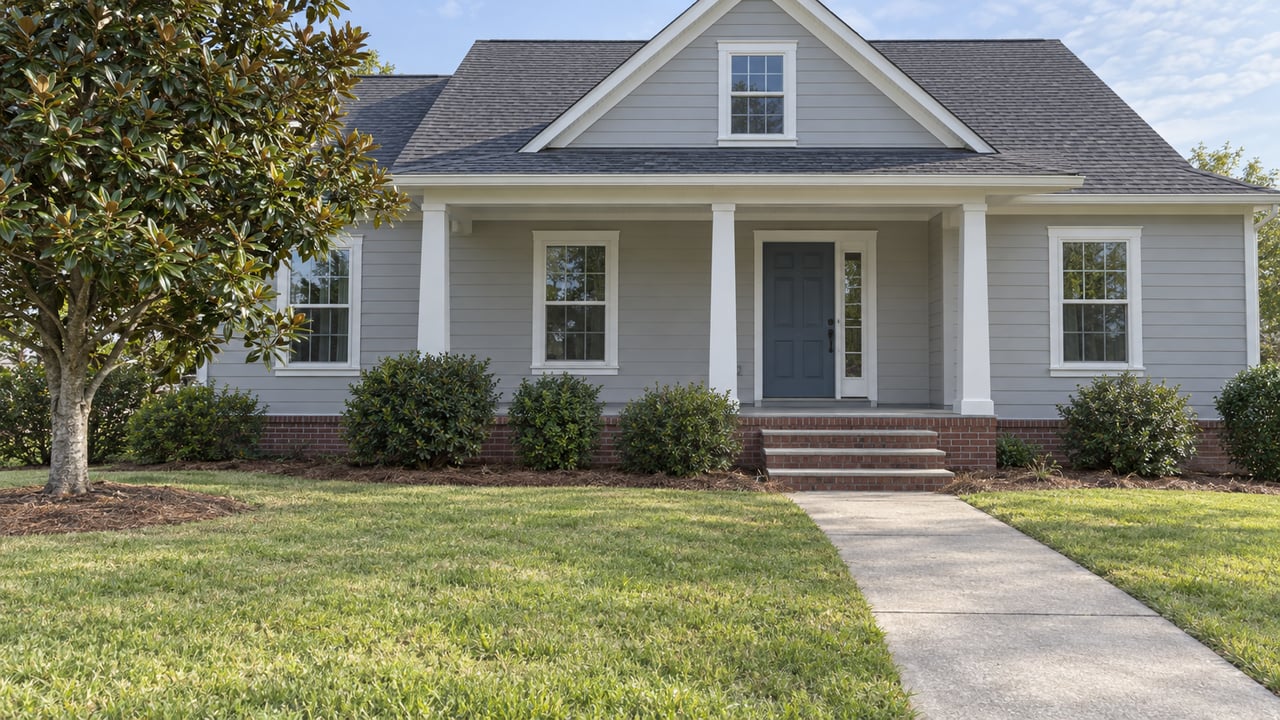 Light-gray gabled home with a recessed front porch, brick entry steps, broad lawn and a magnolia tree.