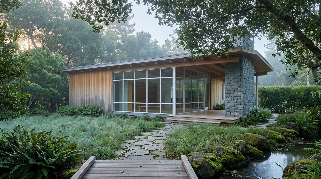Contemporary home with a broad glass facade and stone chimney beside a wooded creek meadow.