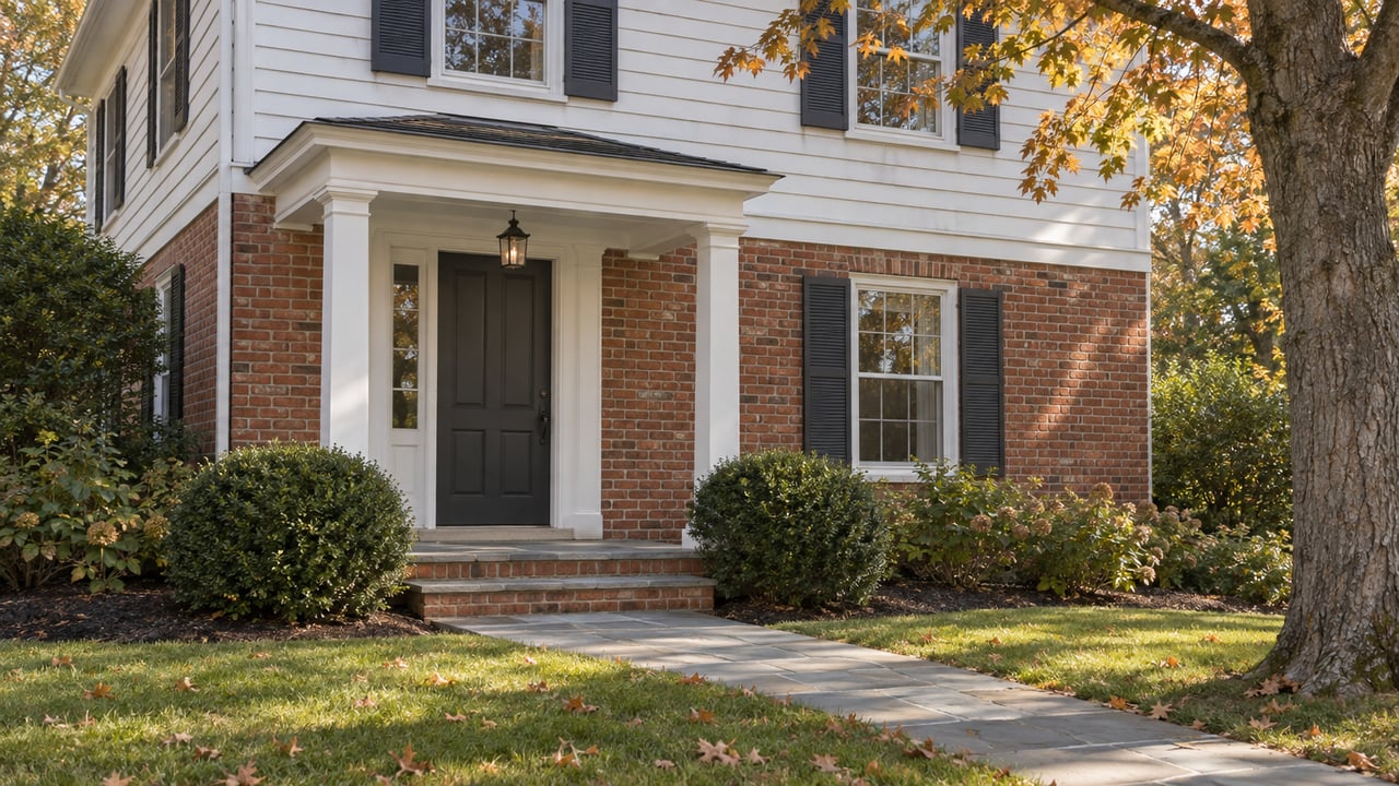 Red-brick home with a charcoal entry door, white clapboard upper story, and bluestone path through autumn lawn.