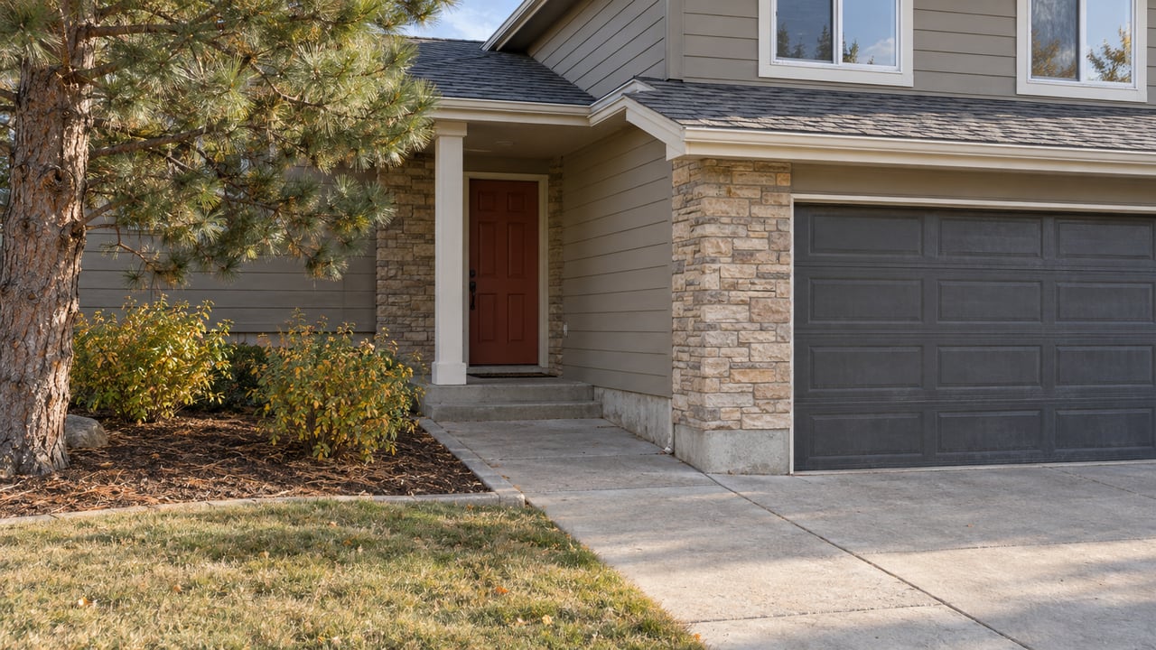 Early-fall sunlight on a split-level home's recessed red entry door, stone veneer, taupe siding and concrete approach beside golden-leaved shrubs.