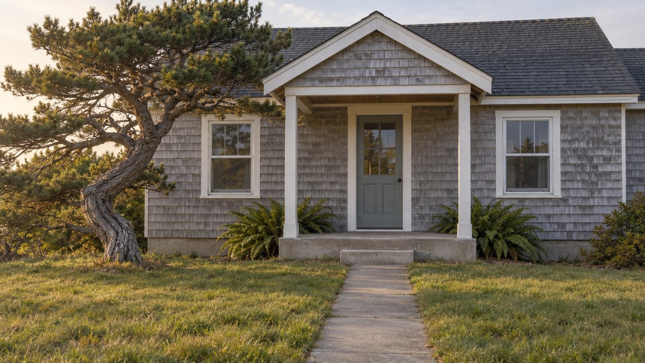 Weathered gray-shingled cottage with a shallow porch, front lawn, and twisted pine beside the walk.