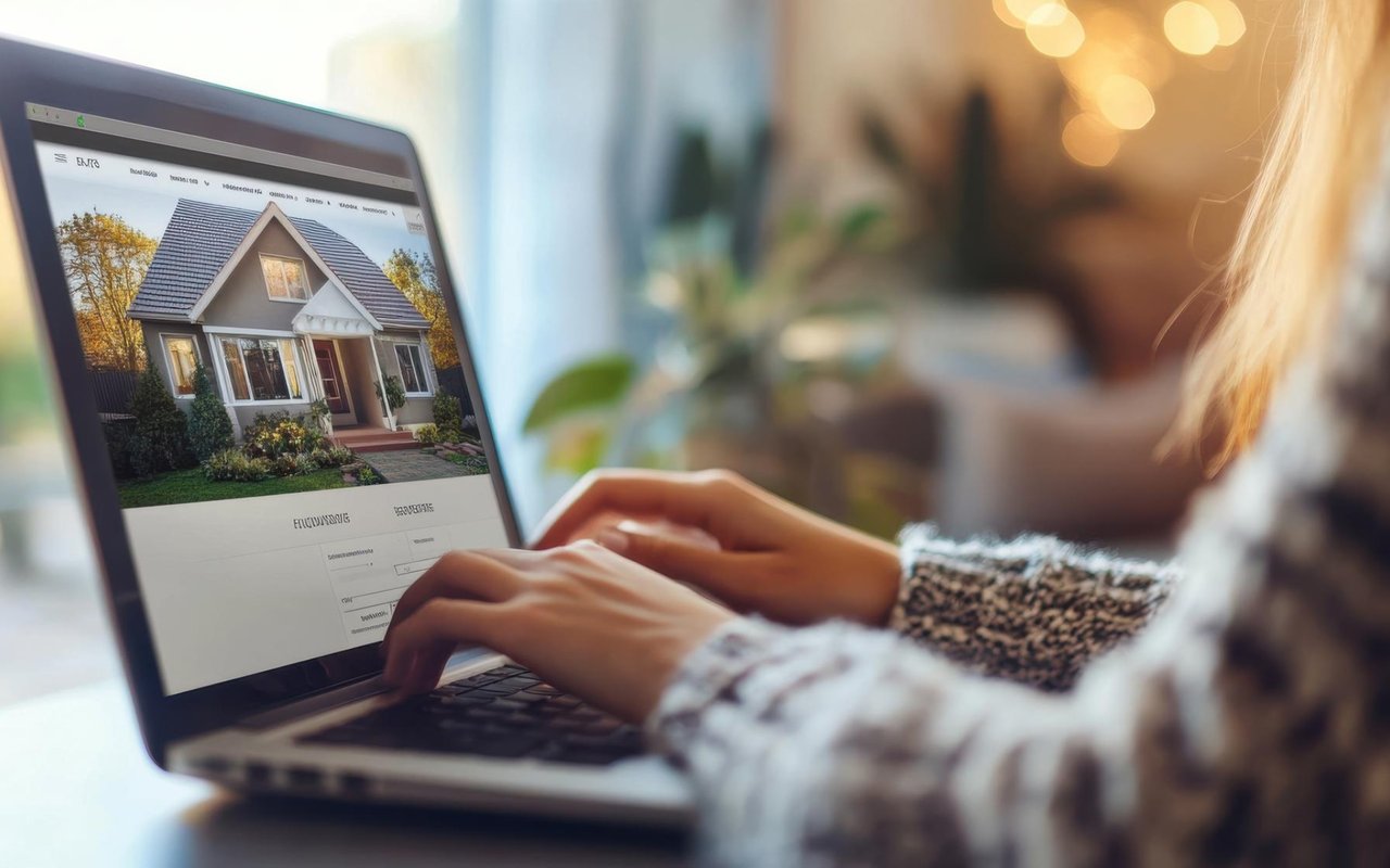 Person browsing a house listing on a laptop, showing a gray gabled home.