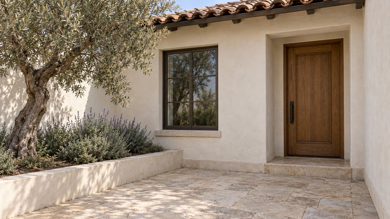 Off-white stucco home with terracotta eaves, oak door, divided-light window, and olive tree in a paved courtyard.