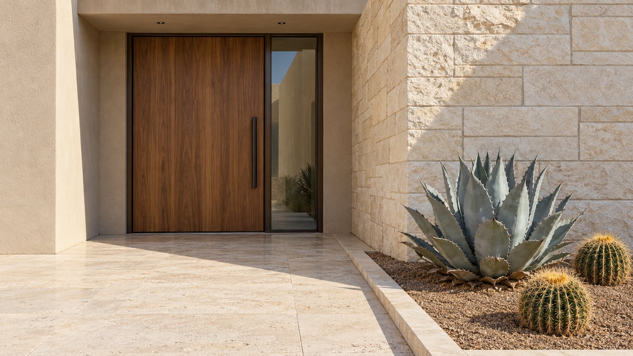 Morning light grazes a limestone and sand-colored stucco entry with a walnut door and sculptural desert plants beside a pale stone walkway.