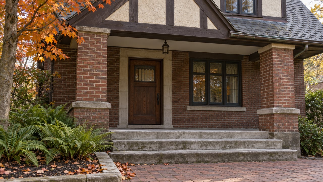 Autumn leaves beside worn limestone steps leading to a sheltered oak entry, framed by red brick, cream stucco, and dark timber.