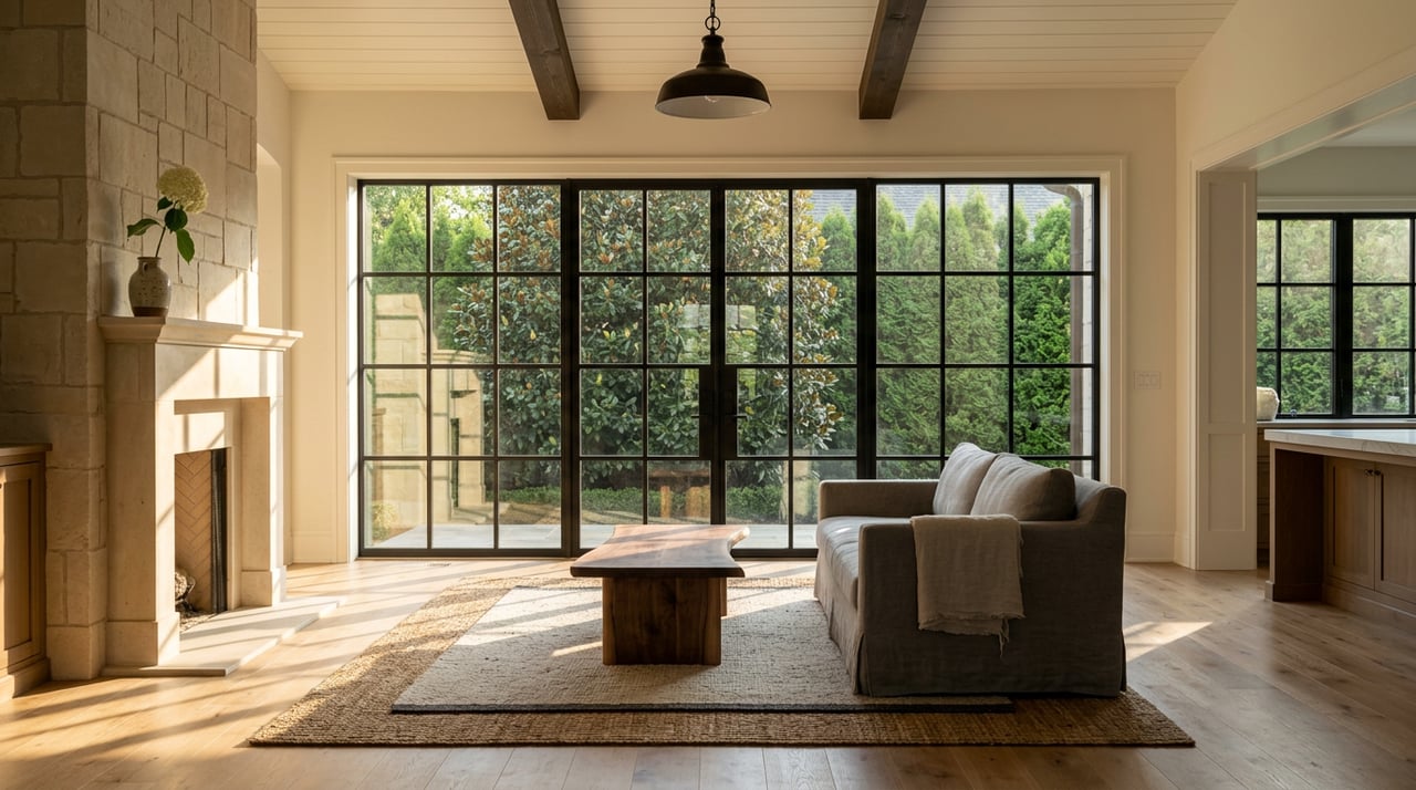 Great room with black-framed glass doors, limestone fireplace, linen sofa, and layered rugs in warm sunlight.