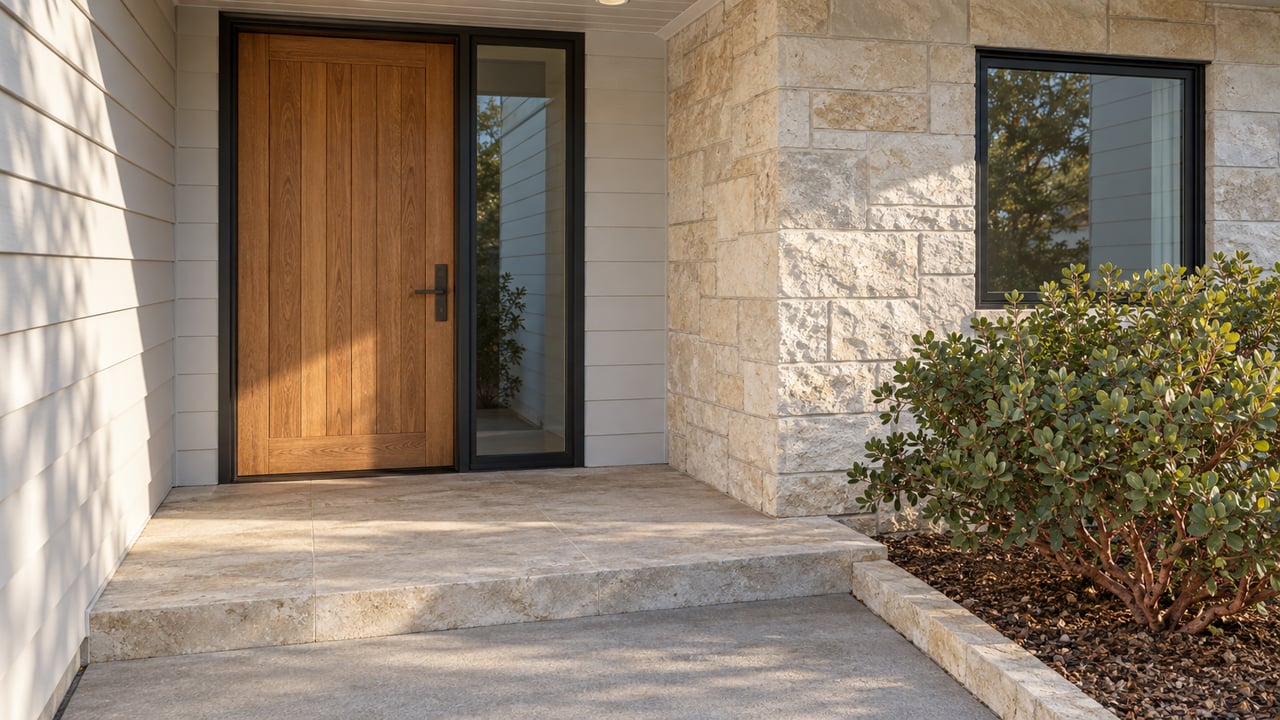 Oak entrance door and black-framed glazing set into white siding and pale limestone, beside a manzanita planting and stone landing.