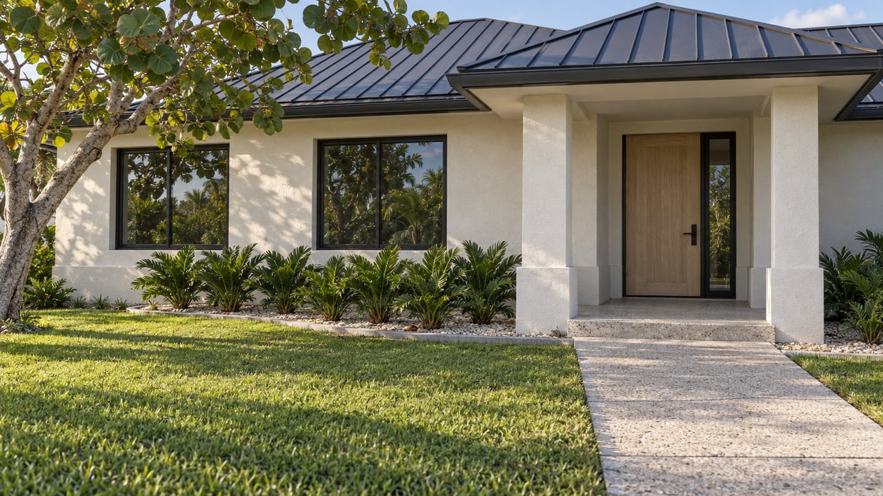 Ivory stucco home with a charcoal metal roof, black-framed windows and a sheltered oak entry beyond a lawn and shell-aggregate walk.