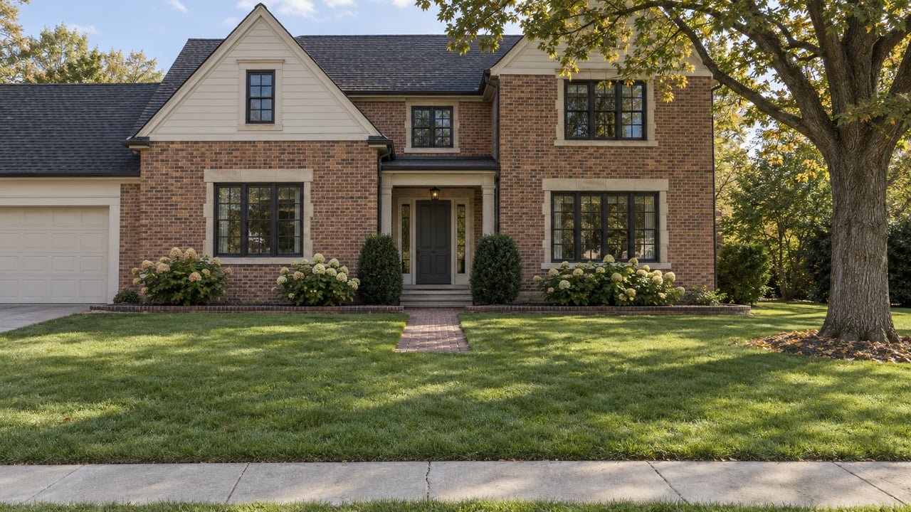Two-story russet-brick house with unequal gables, a broad lawn, and a mature oak beside the sidewalk.