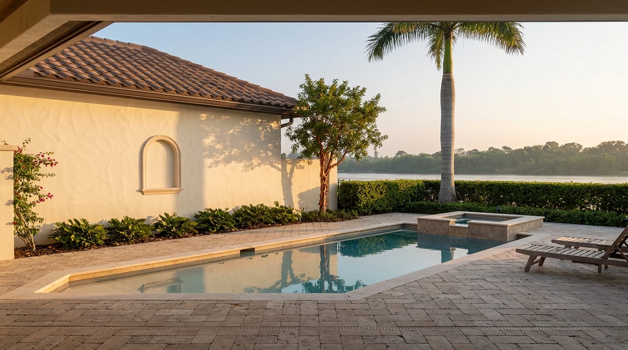 Waterfront courtyard with a still pool, cream stucco walls, terracotta roof tiles, and a peeling-bark tree.