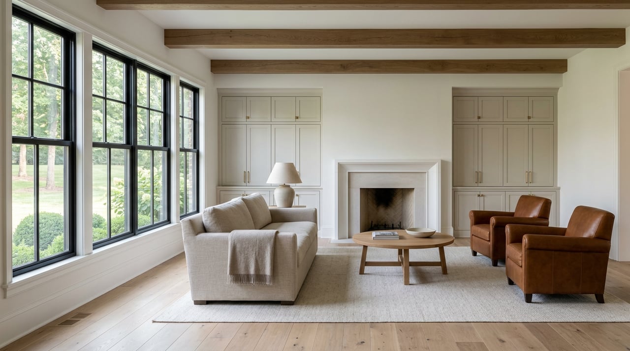 Staged living room with a limestone fireplace, painted built-ins, oak floors, and a glimpse of lawn and mature trees.