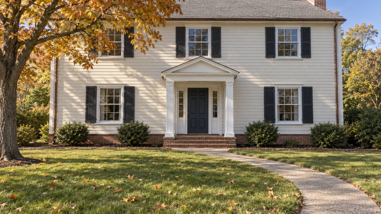 Cream clapboard house with a white portico, brick entry steps and deep green lawn beneath an orange-leaved maple.
