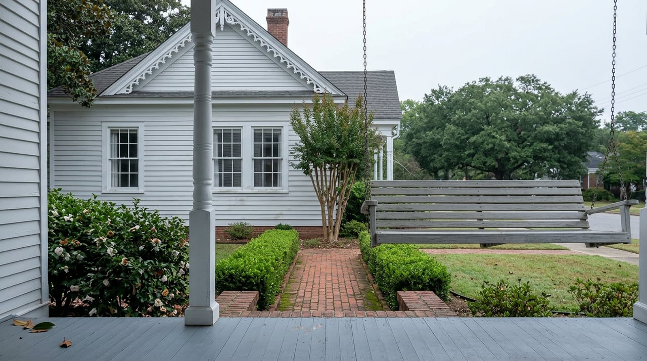 White clapboard porch with a still swing overlooks a brick walk, boxwood hedges, and a large oak tree.