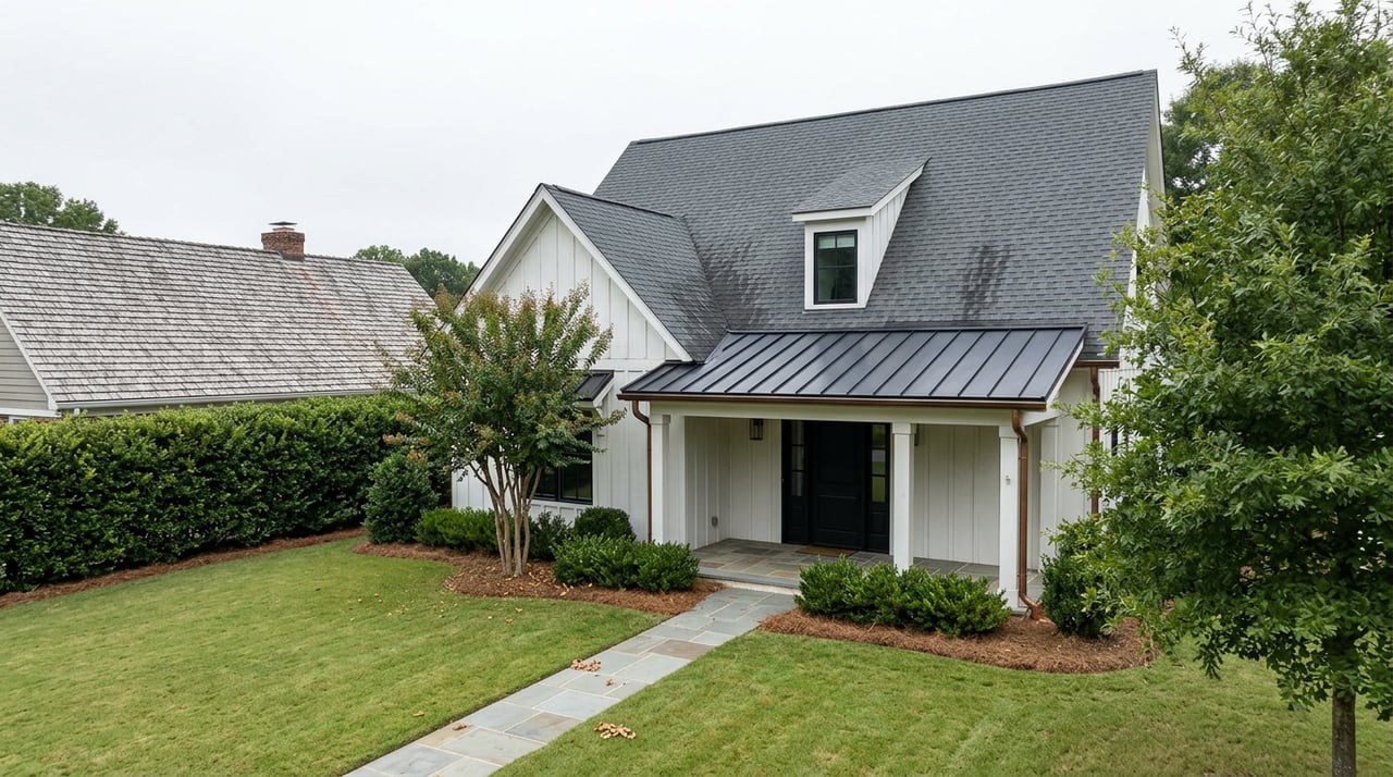 White suburban house with dark gabled roof, black porch roof, curved stone walkway, lawn, and clipped boundary hedge.