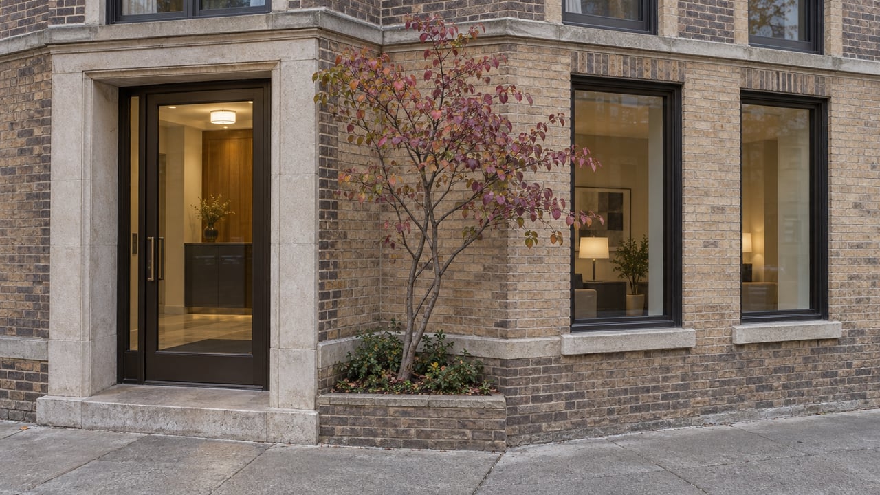 Buff-brick apartment entry with a glazed door, tall windows, and a small tree in a raised planting bed.