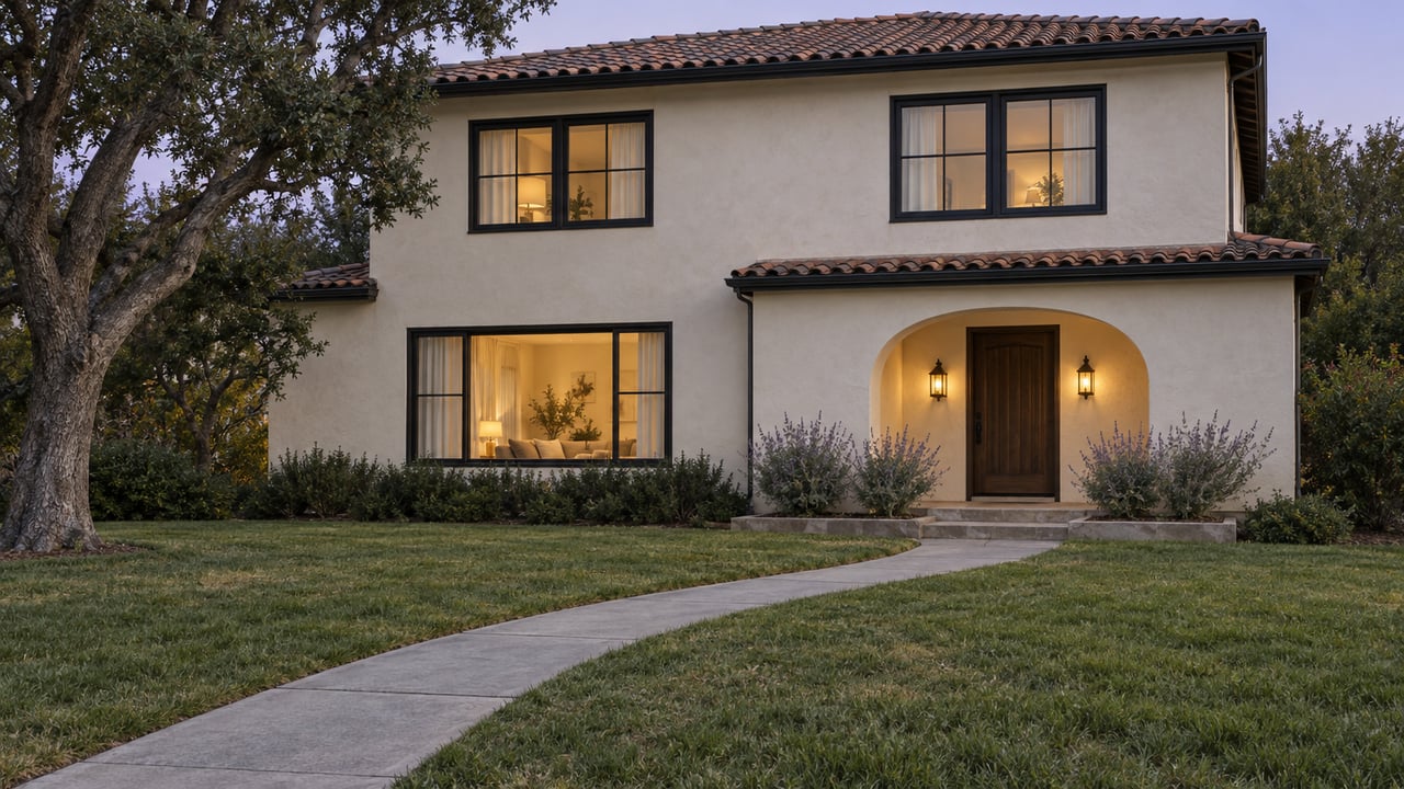 An ivory stucco home at dusk with black-framed windows, a recessed arched entry and a deep lawn beside a curved concrete walk.