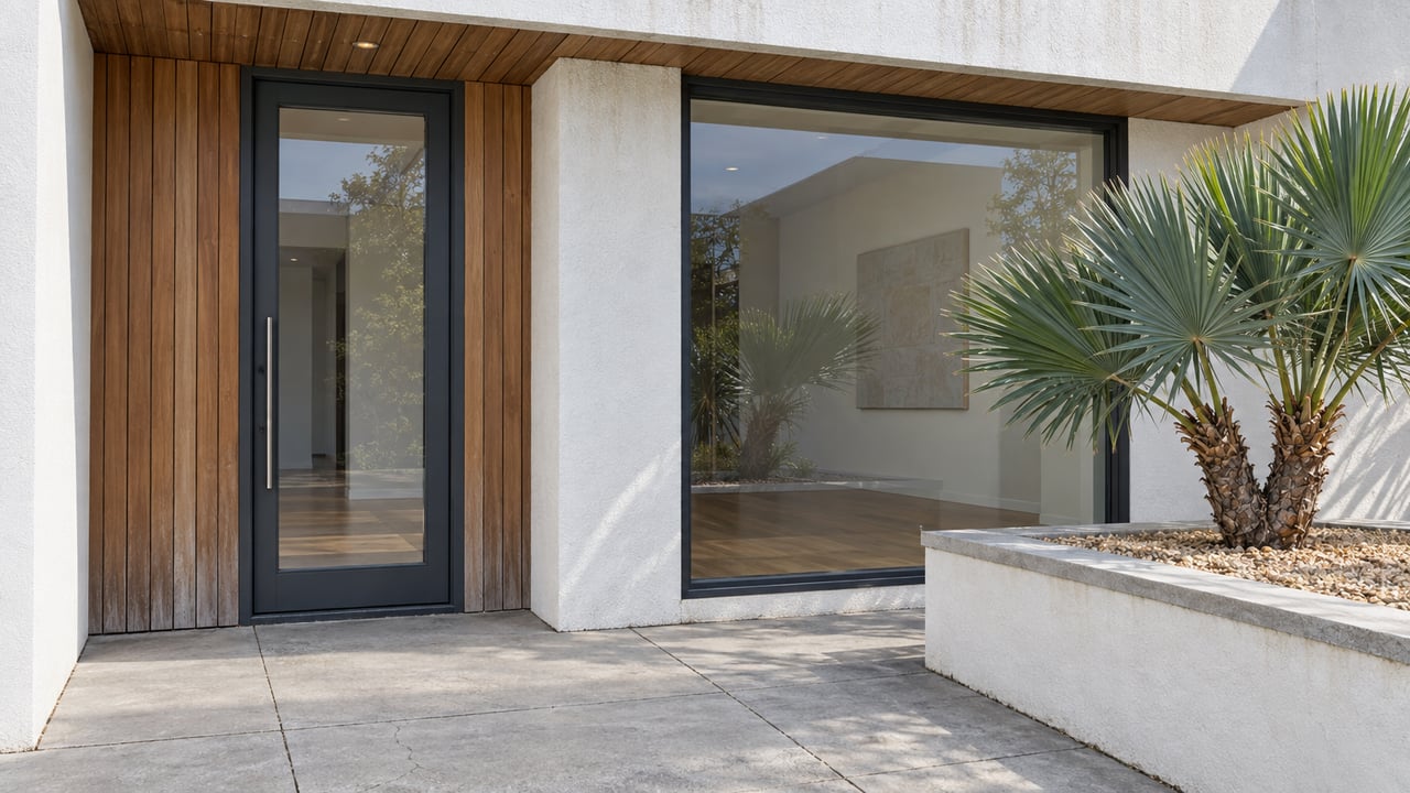 Close view of a white stucco home's recessed glass entry, cedar accents and a sculptural fan aloe in a raised planter.