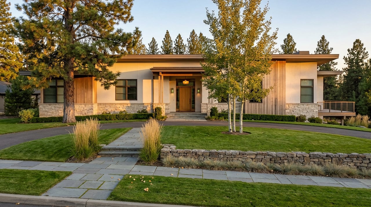 Contemporary home with ledgestone, pale plaster, and cedar facade behind a lawn and curved stone walkway.