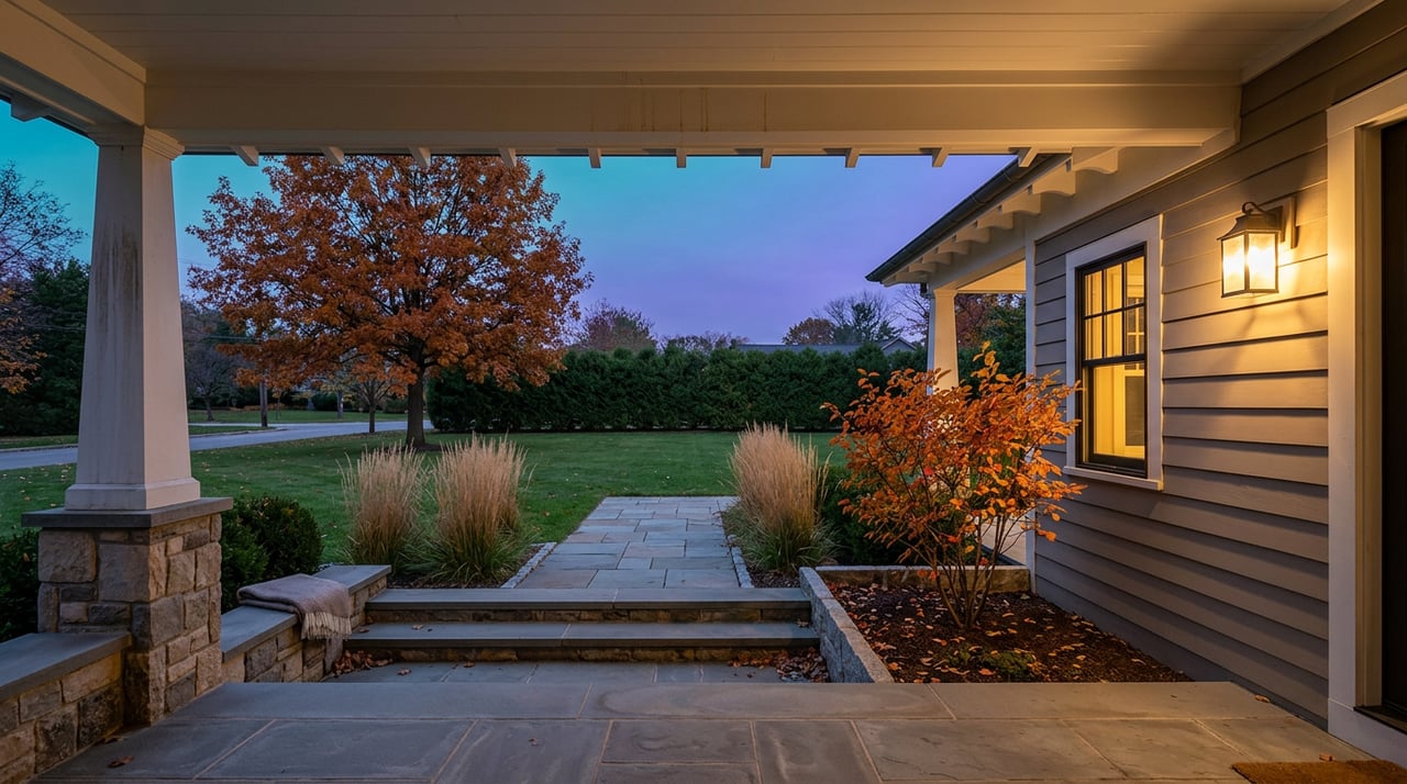 Warm porch lantern beside stone steps, flagstone path, autumn oak, and lawn at blue hour.