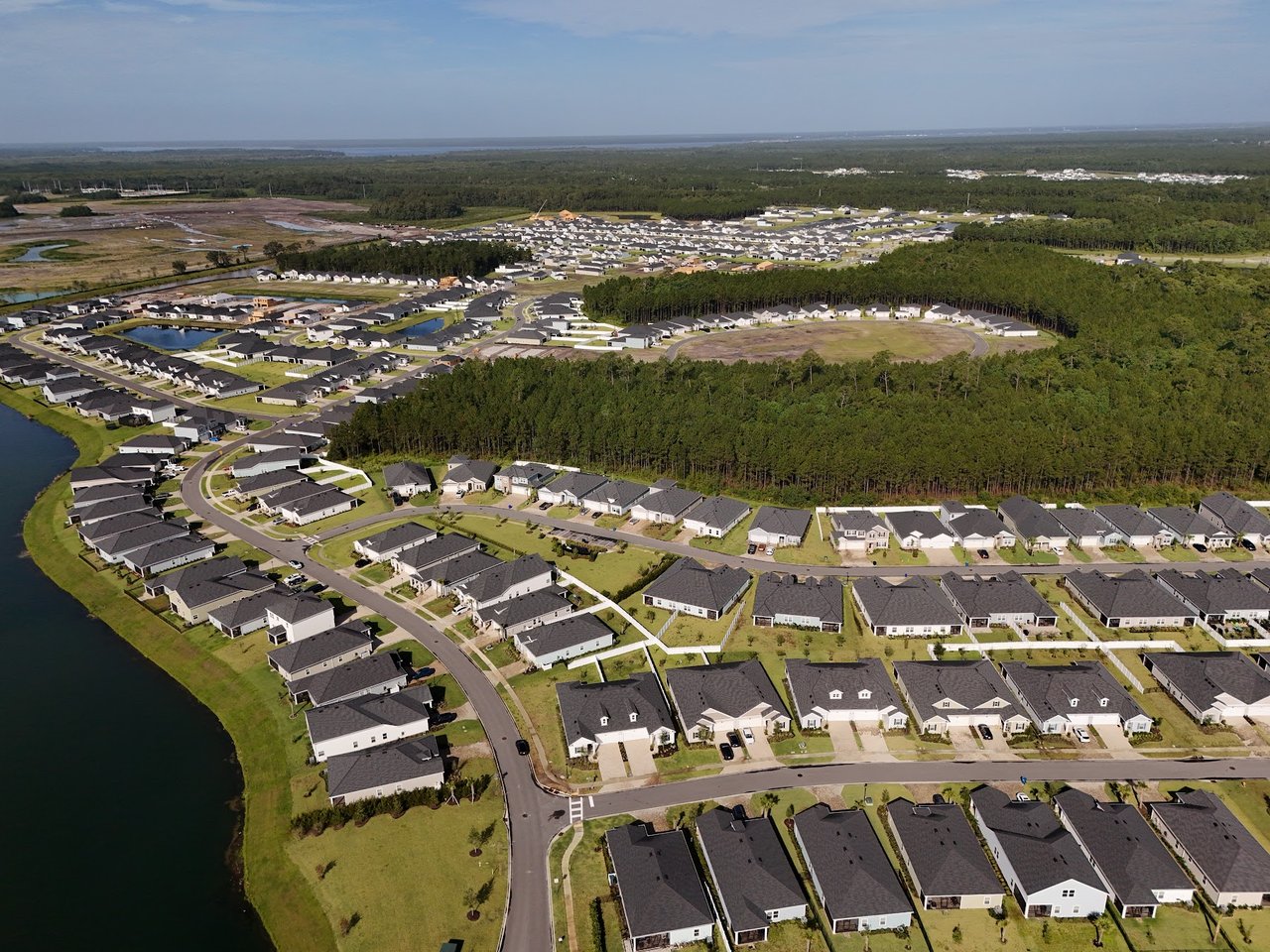 Aerial view of a residential community with rows of homes beside a pond and wooded areas.