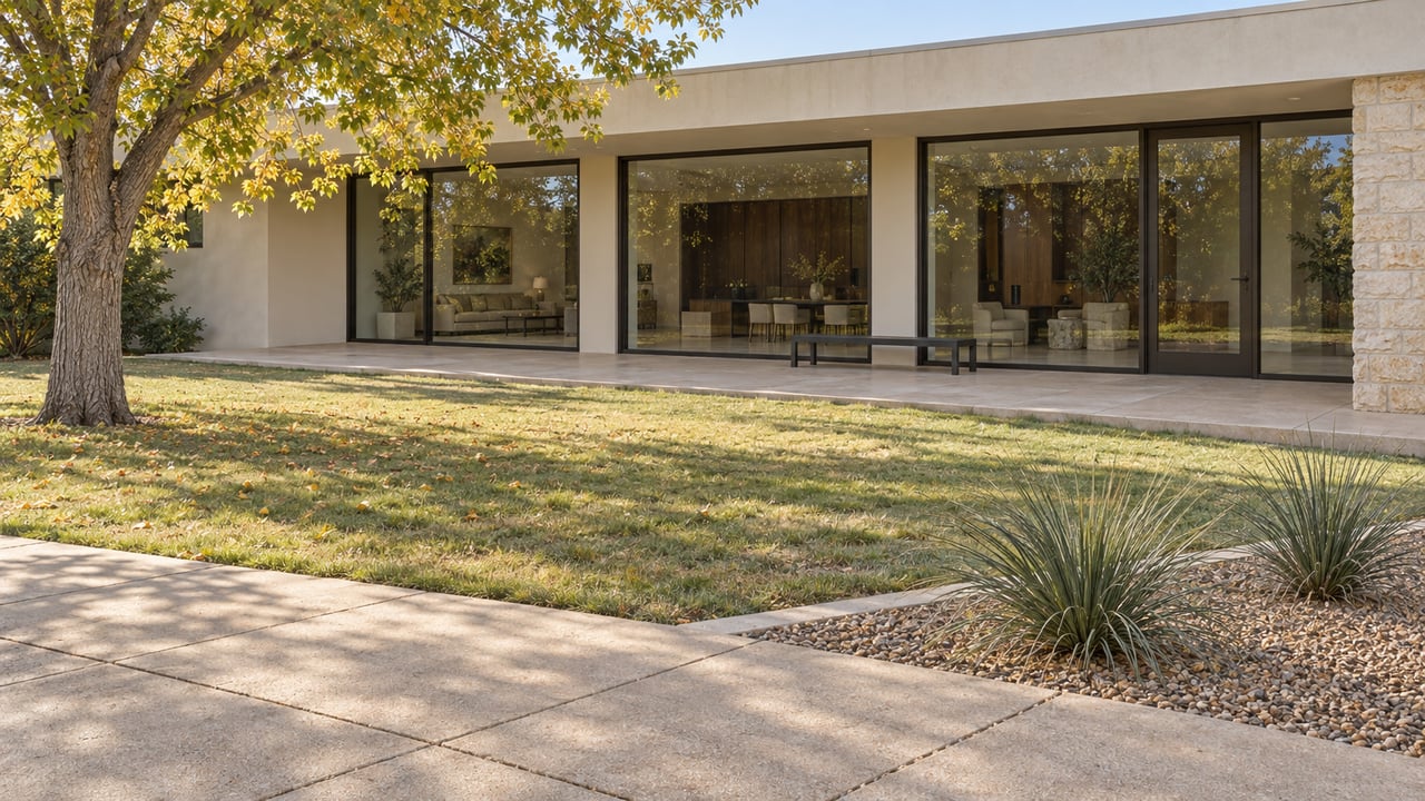 Low ivory stucco home with bronze-framed glass, a broad concrete patio, autumn cottonwood and a spacious straw-green lawn.