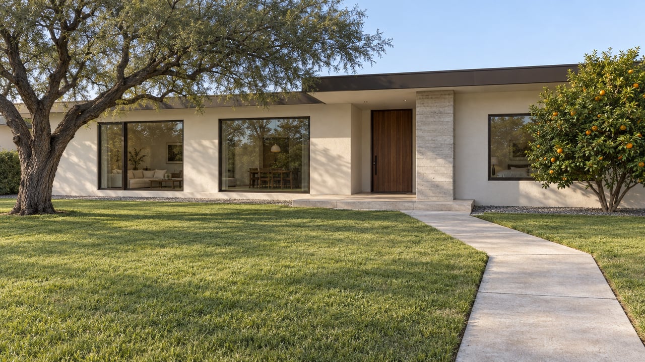 A low horizontal home with bronze-framed windows and a shaded entry beyond a broad green lawn, flanked by a mature mesquite and an orange tree.