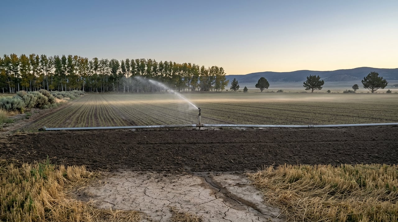 Crop rows stretch toward a golden-edged aspen windbreak as a sprinkler arcs silver water across the field.