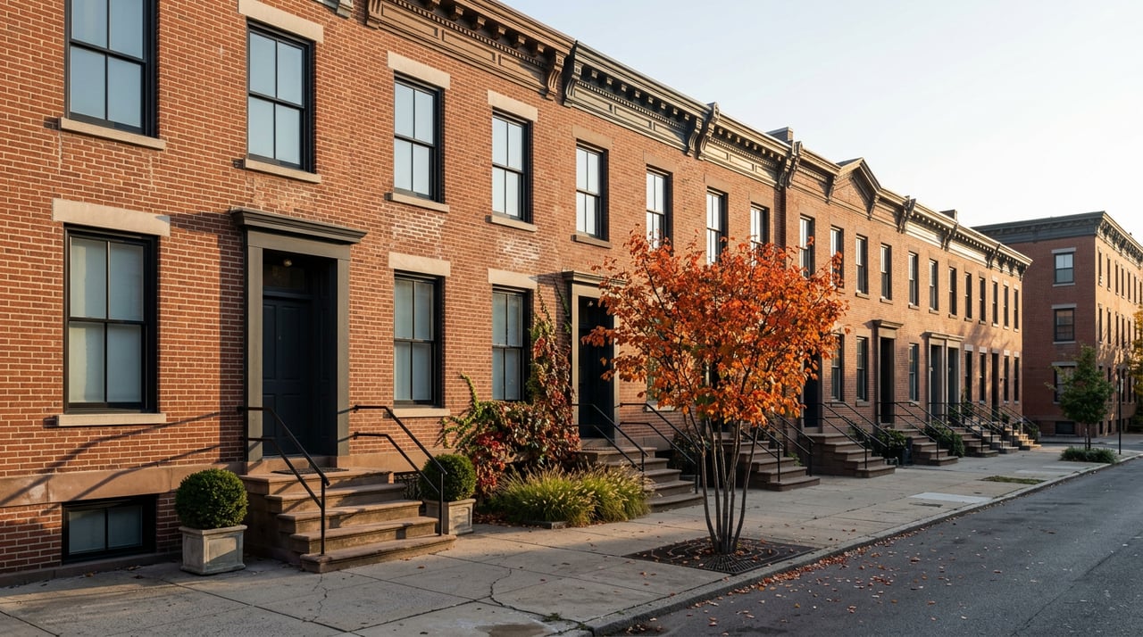Brick rowhouses with limestone stoops recede along a narrow street, beside a red-orange tree in a sidewalk grate.