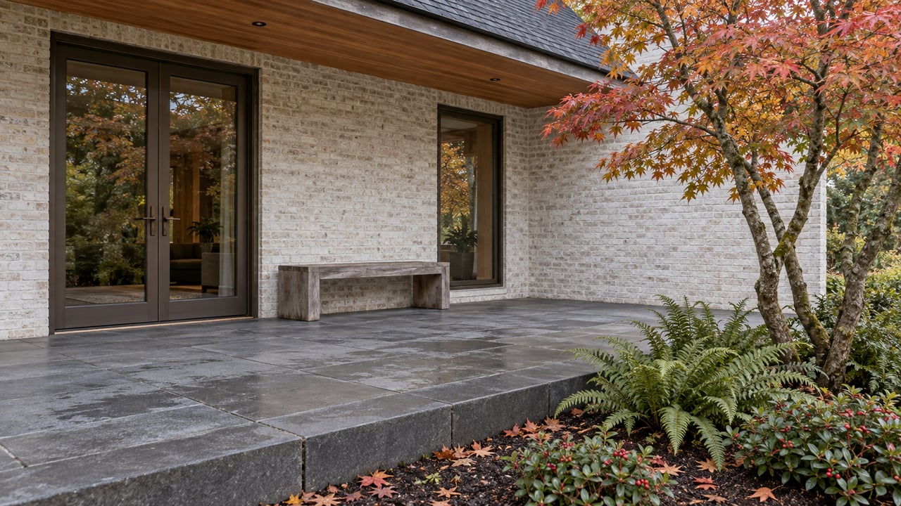 Rain-dark basalt terrace beside a pale brick home, with cedar seating and autumn vine maple above sword ferns.