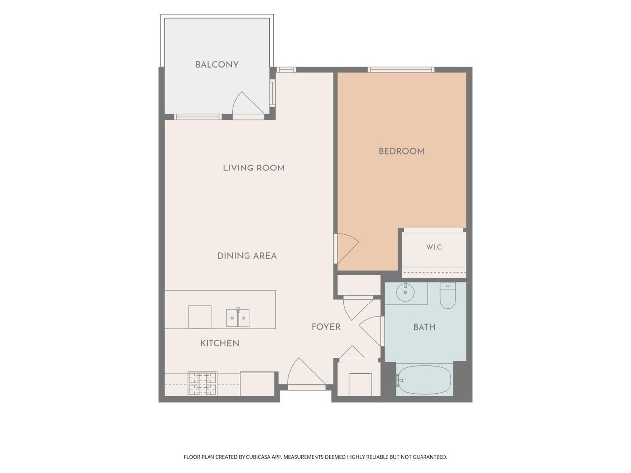 One-bedroom floor plan with a balcony, open living and dining area, kitchen, bathroom, and walk-in closet.