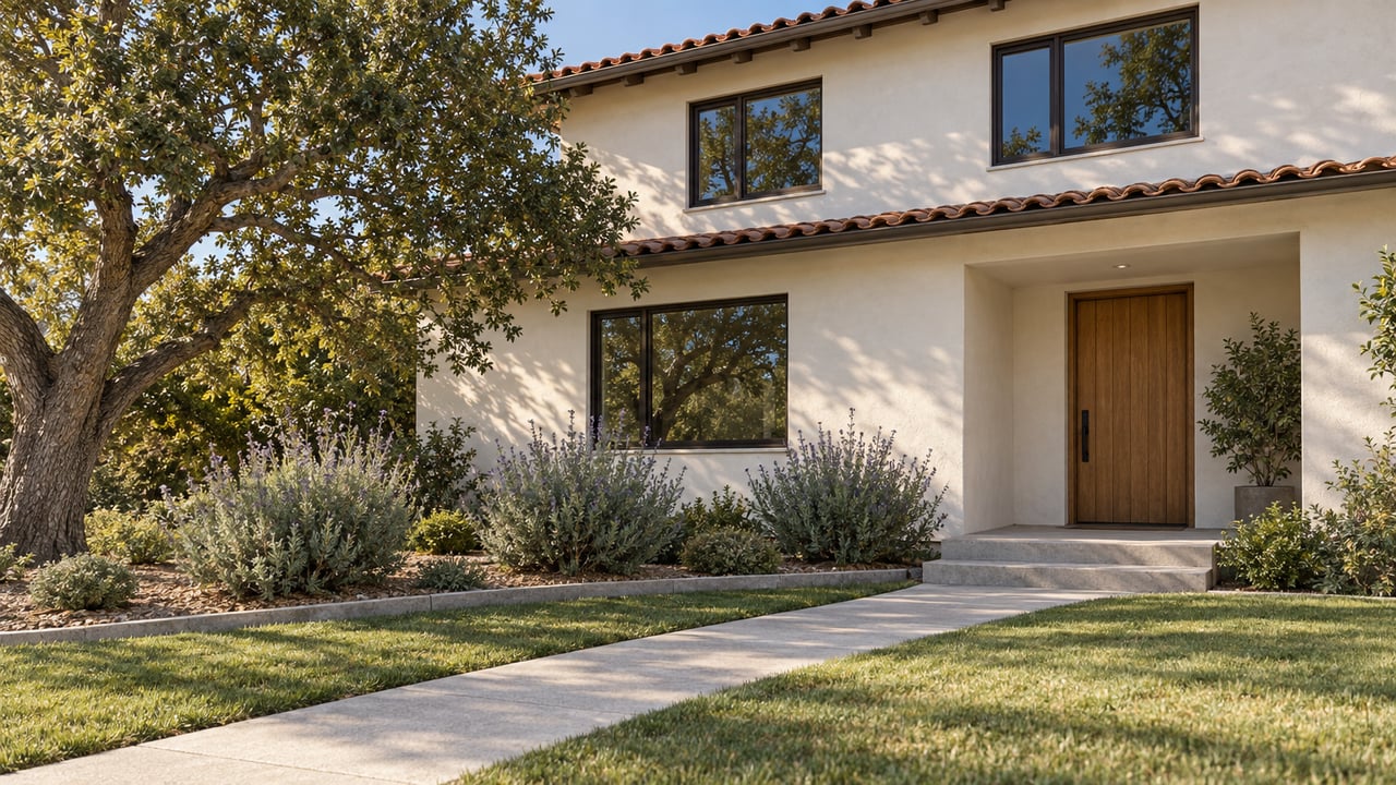 A warm white stucco home with a tiled roof and recessed wood entry beyond a deep front lawn, concrete walk, mature live oak and silver-green sage.