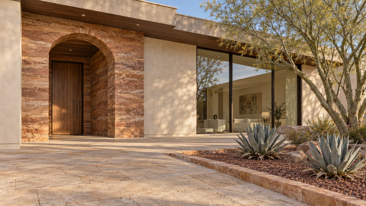 Warm stucco and sandstone entry with a walnut door, bronze-framed window, limestone approach and sculptural desert planting.