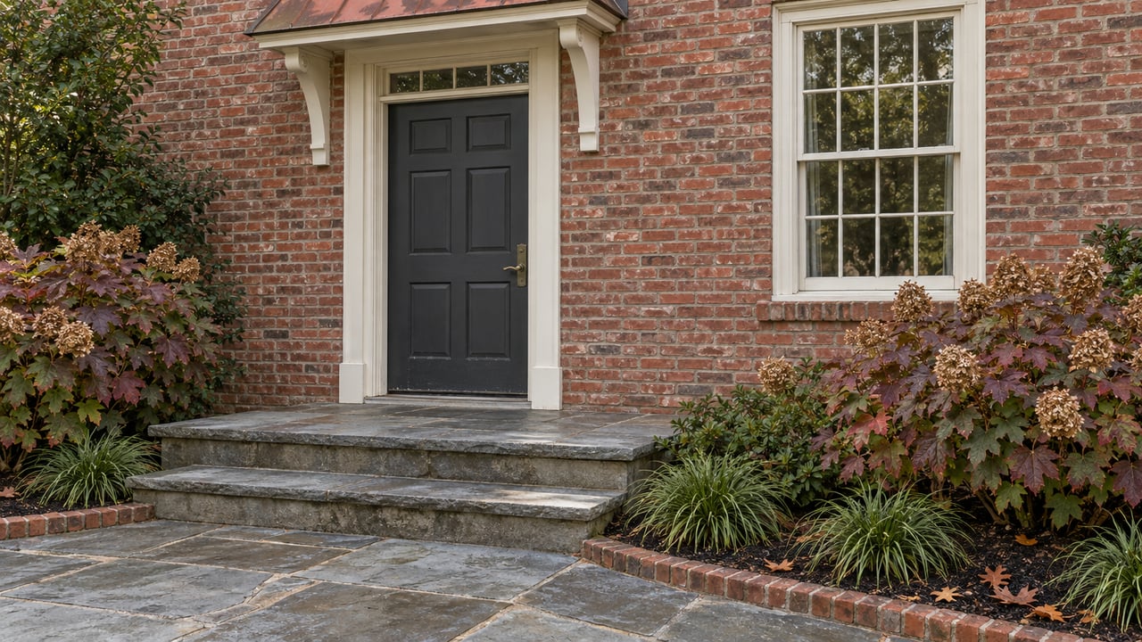 Brick home entrance with a charcoal door, copper canopy, stone steps and burgundy oakleaf hydrangeas.