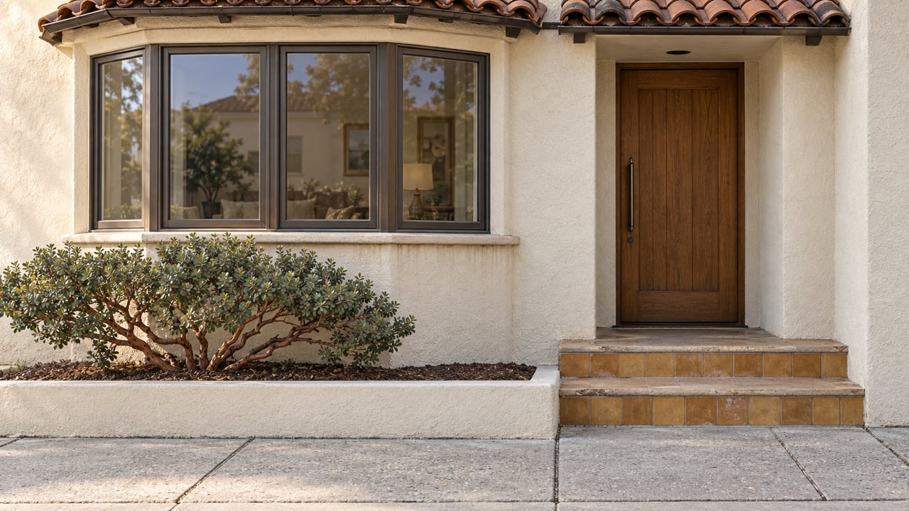 Spanish Revival house frontage with a projecting bay window, recessed oak door, tiled steps, and a small raised planting bed.