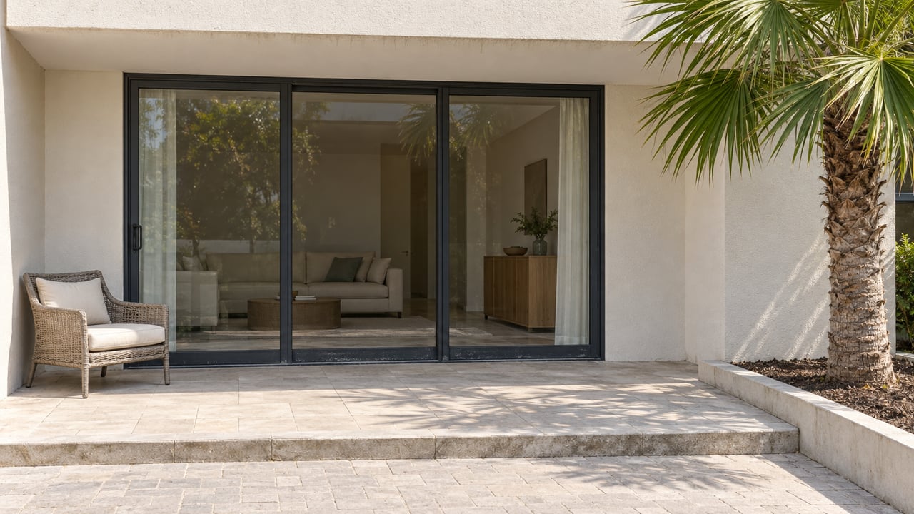 Sunlit condominium terrace with white stucco, charcoal sliding-glass doors, pale paving, and a single fan palm.