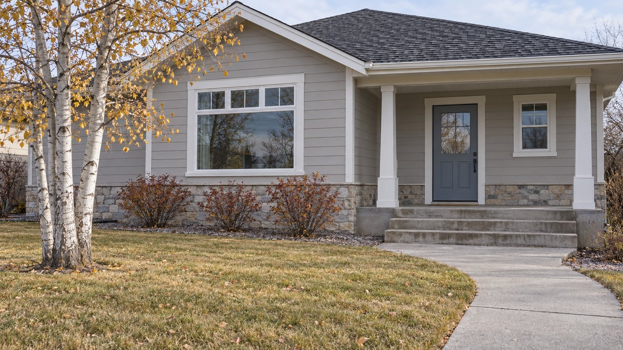 A gray gabled home with a sheltered porch, broad autumn lawn and a white-trunked tree in soft afternoon light.