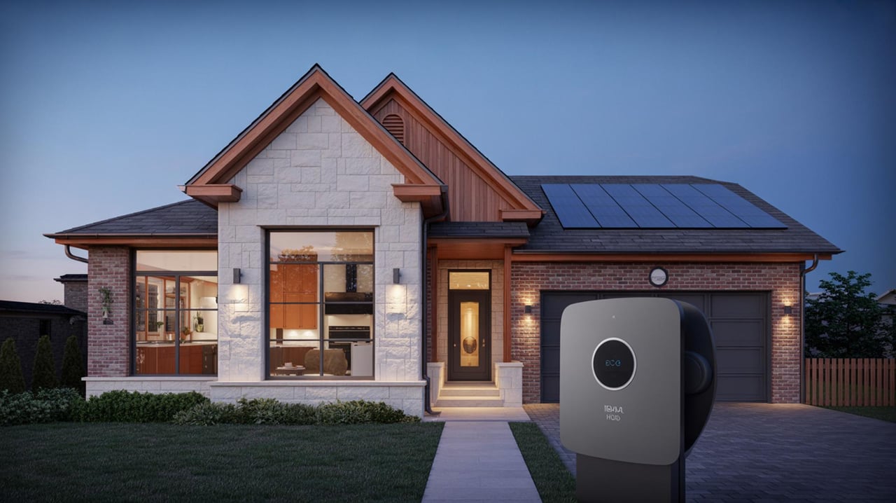 Modern brick-and-stone house with rooftop solar panels and a black electric vehicle charger in front.