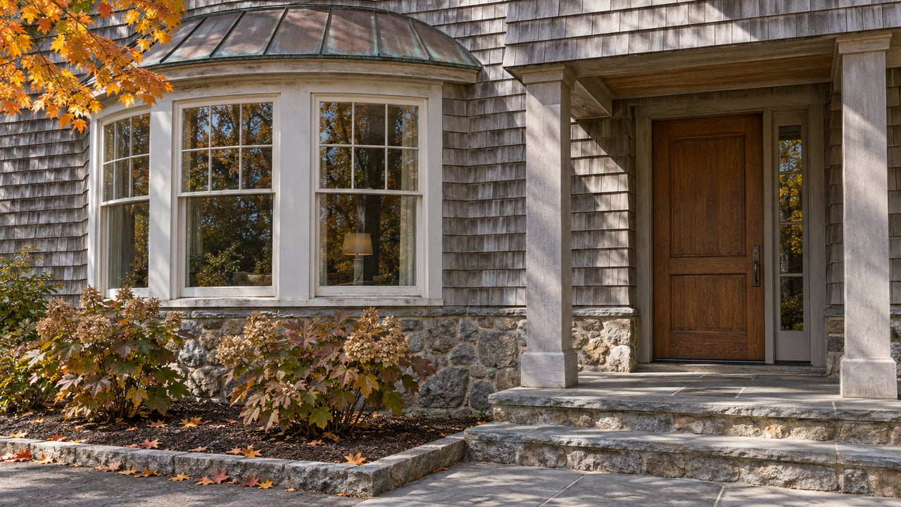 Weathered cedar-shingle home with a curved window bay, sheltered oak entrance, stone steps and autumn maple leaves.