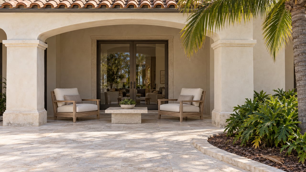 Ivory stucco loggia with bronze-framed glass doors, teak chairs, limestone paving and a curved tropical planting bed.