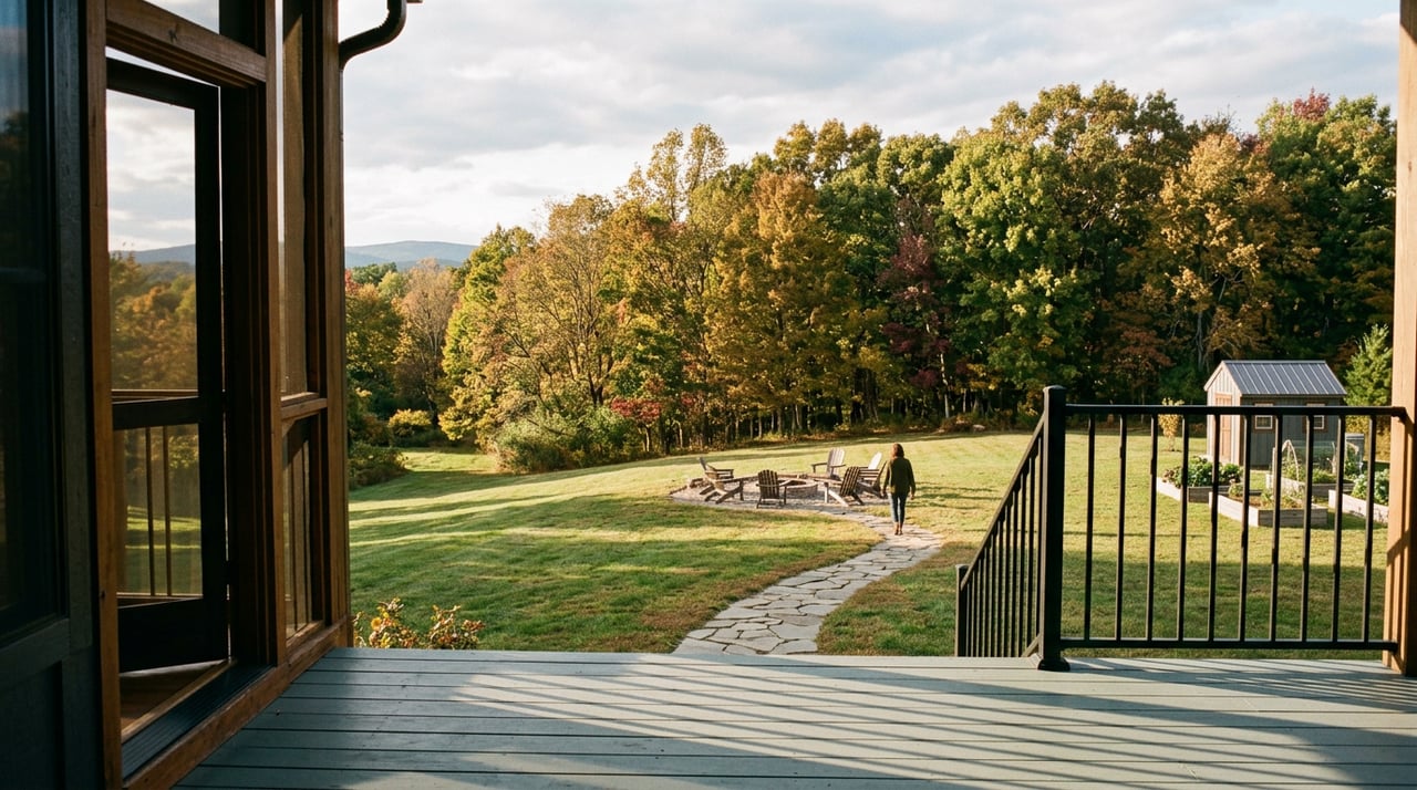 Farmhouse porch overlooks a sloped lawn descending toward a tree line, with a black steel post in the foreground.