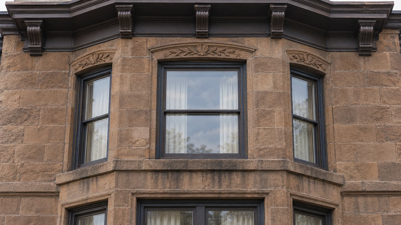 Weathered sandstone rowhouse bay with dark timber sash windows, carved lintels and a deep bracketed metal cornice.