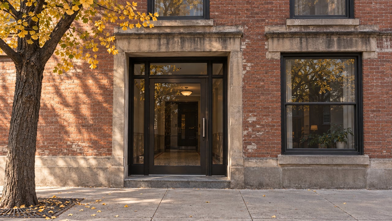 Recessed glazed entrance in a red-brown brick facade, beside a window and ginkgo tree with yellowing leaves.