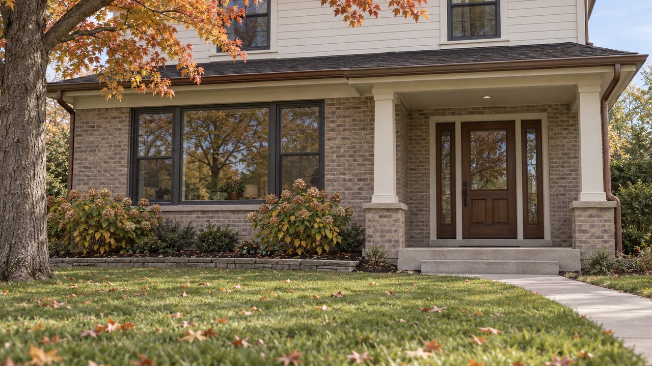 A two-story brick and ivory-sided home beyond a deep autumn lawn, with a sheltered walnut entry and amber maple foliage.