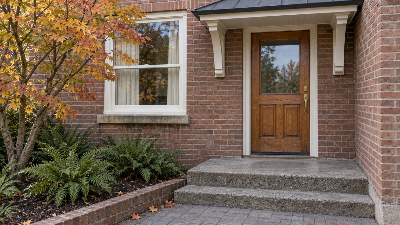 Brick residential entrance with a glazed oak door, cream-painted window, concrete steps and autumn vine maple beside a raised planting bed.