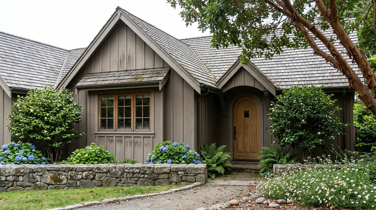 Cottage gabled entry with an arched oak door, stone garden wall, blue hydrangeas, and peeling-bark tree.