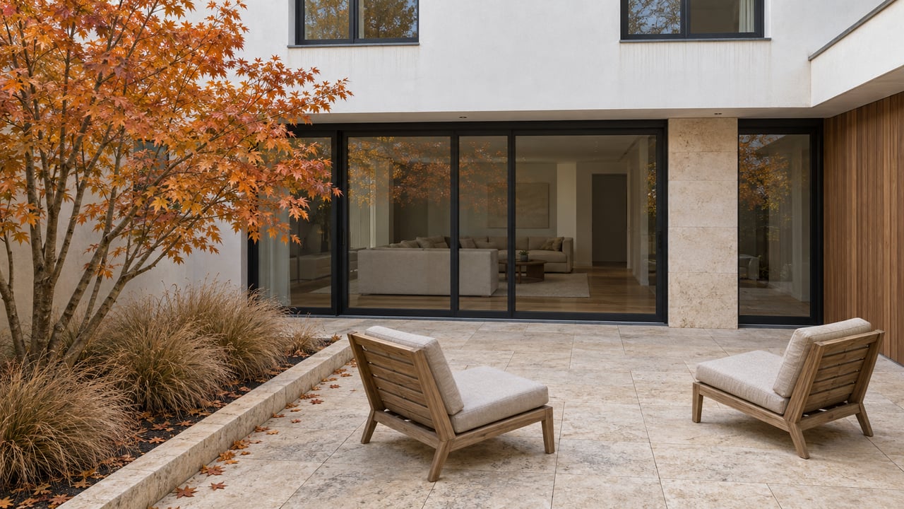Contemporary residential courtyard with limestone paving, closed black-framed glass doors, teak chairs and a copper-leaved maple.